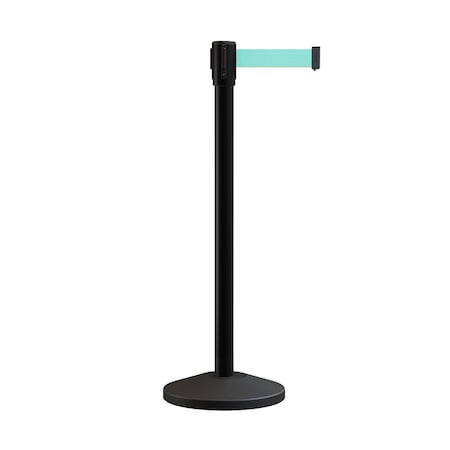 Retractable Belt Barrier Stanchion, 2in Black Post  9' Lt Grn Belt